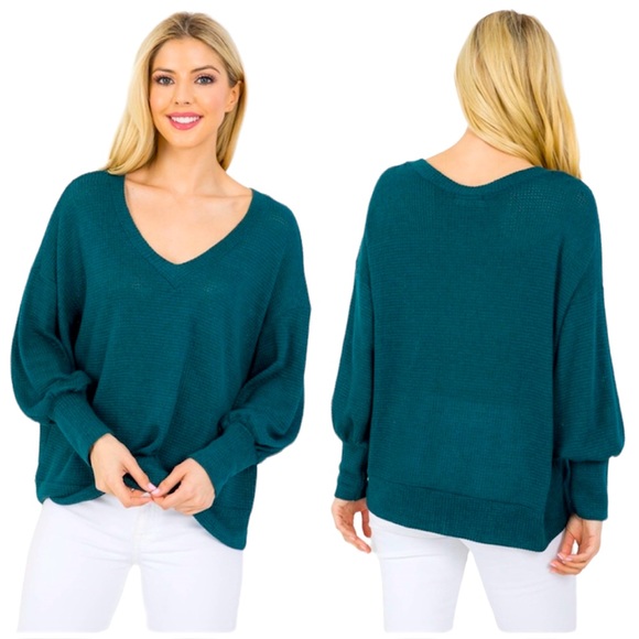 Slouchy Deep V-Neck Sweater w/Bubble Sleeves  ~ Hunter Green ~ Size S NWT - Picture 2 of 4